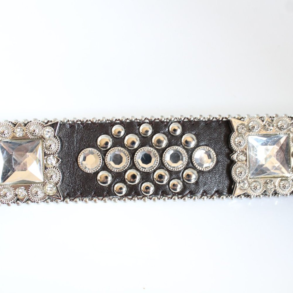 Western Women's Belt Brown Leather Square Rhinestone Conchos And Crystal Bling ~ - Picture 4 of 11